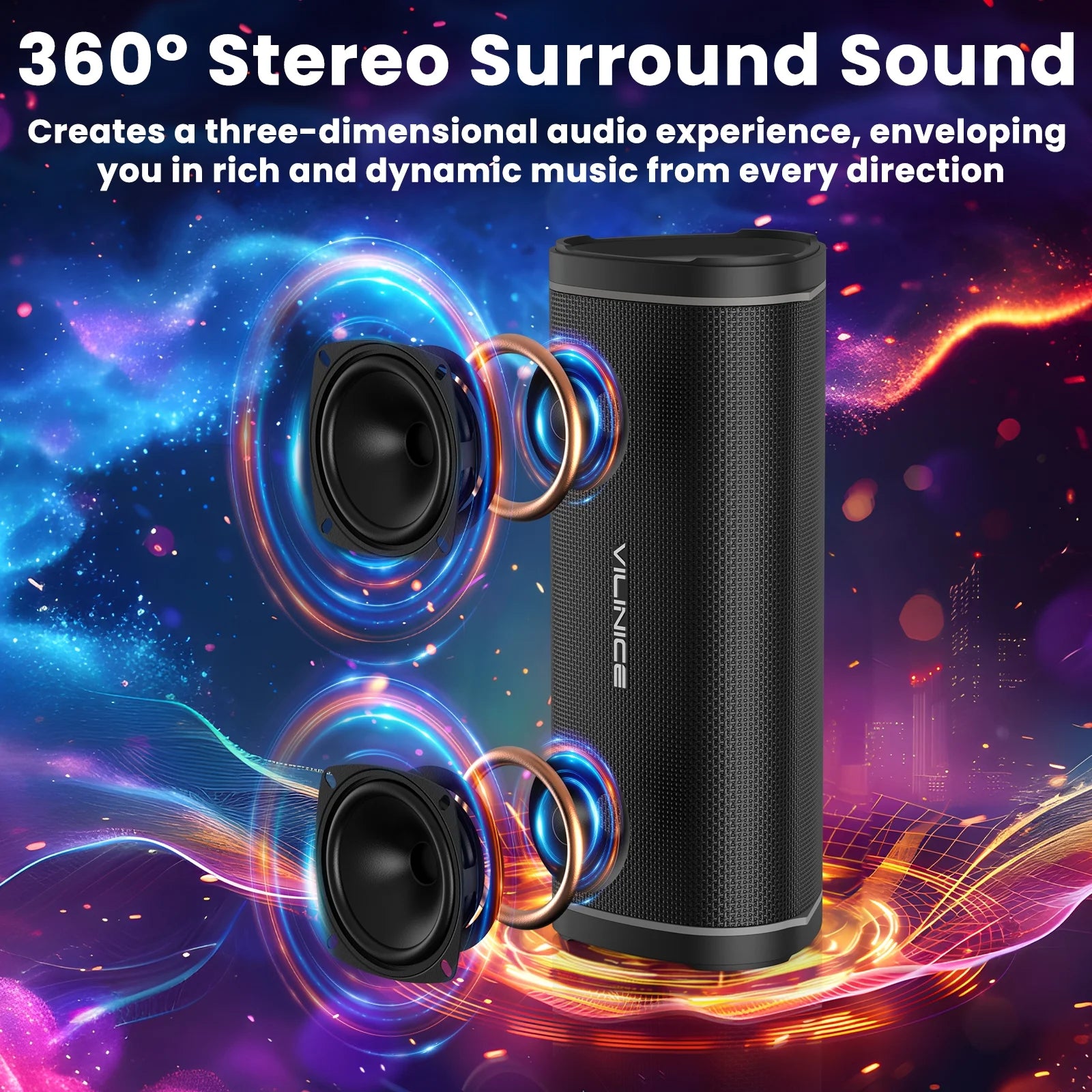 VILINICE Bluetooth Speaker Portable, Waterproof Speaker IPX6, Wireless Speaker with Colorful Lights, Bluetooth 5.3, Mircrophone, TWS Pairing